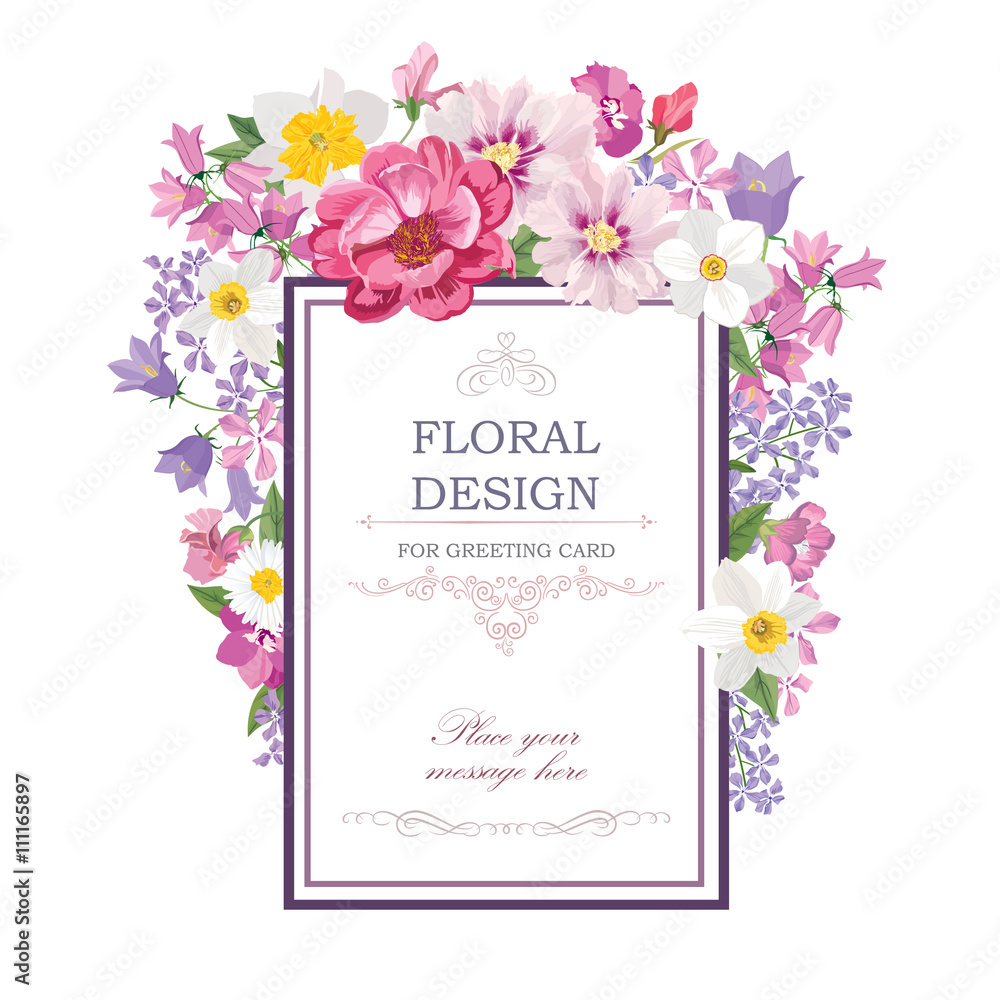 Floral background. Flower bouquetr vintage cover. Flourish card 
