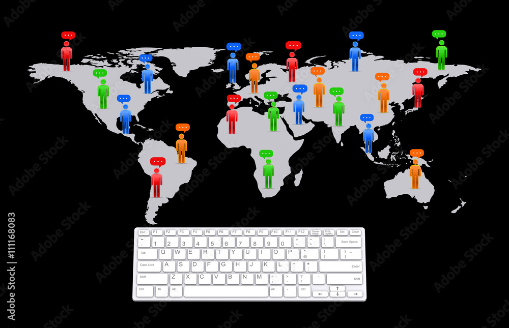 世界地図上で会話する人々 世界地図上で会話する人々