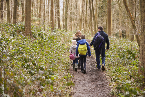 Family walking through a wood, back view, mum turning round