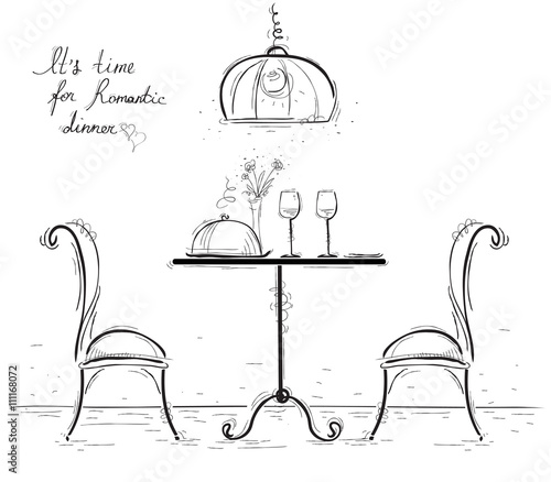 Romantic dinner sketchy  illustration isolated on white.