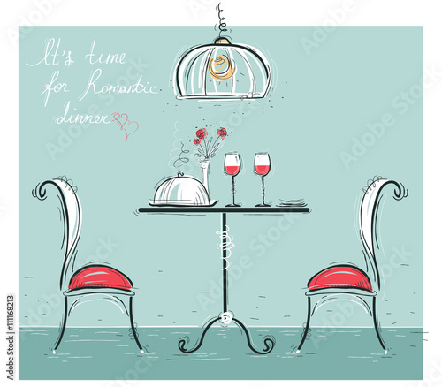 Romantic dinner sketchy color illustration isolated on white.