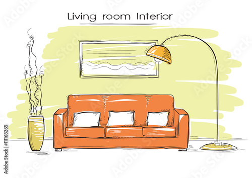 Sketchy illustration of living room color interior.Vector hand d