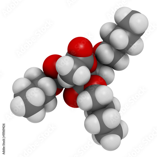 Acetyl tributyl citrate (ATBC) plasticizer molecule. 
