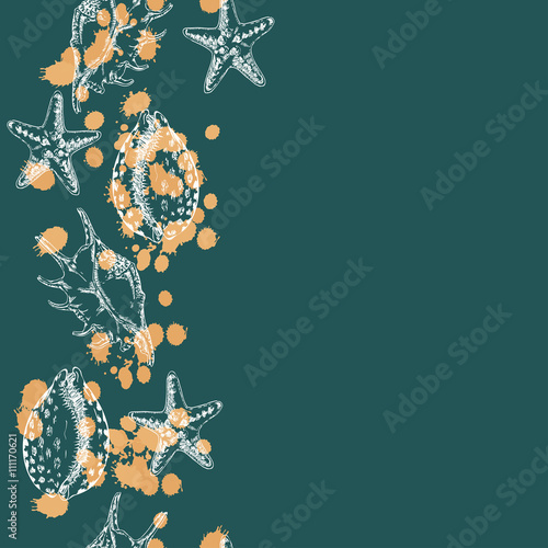 Seamless pattern with seashells on pastel color background. Hand drawn vector illustration.