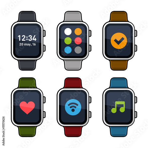 Smart Watch Icons Set. Flat Style. Vector