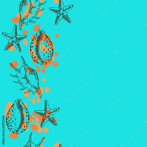 Seamless pattern with seashells on pastel color background. Hand drawn vector illustration.