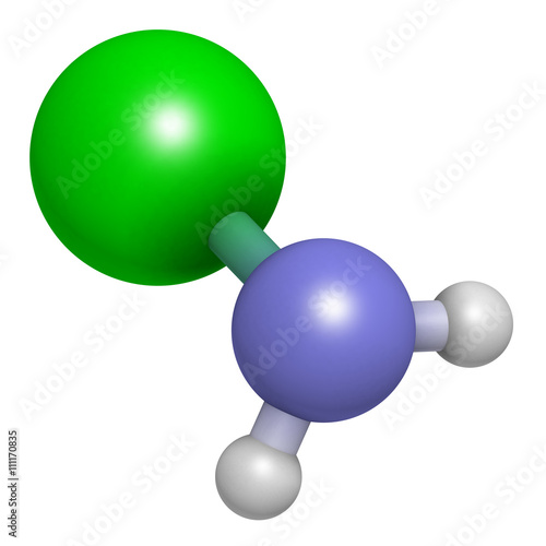 Chloramine (monochloramine) disinfectant molecule. 3D rendering. photo