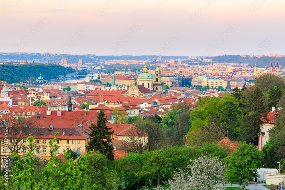 Spring Prague panorama from Prague Hill with Prague Castle, Vltava river and historical architecture. Concept of Europe travel, sightseeing and tourism.