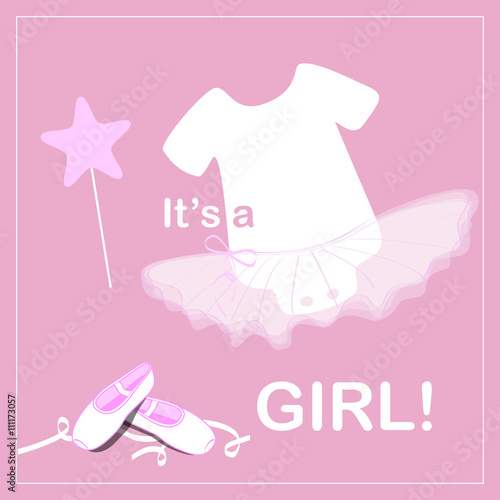 baby shower invitation card, little ballerina with magic wand on light background