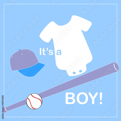 baby shower invitation card, little baseball player with hat on light background