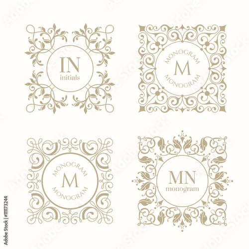 Floral monograms for cards, invitations, menus, labels. Classic design elements for wedding invitations. 
