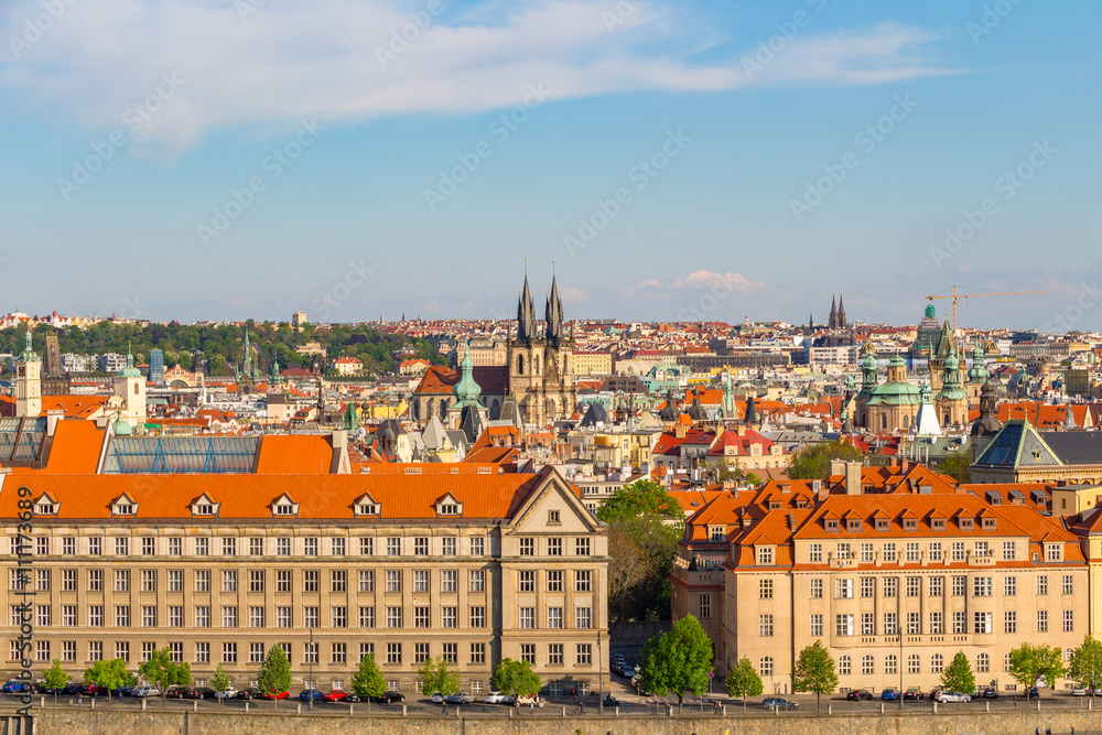 Aerial view over Church of Our Lady before Tyn at Old Town square in Prague, Czech Republic