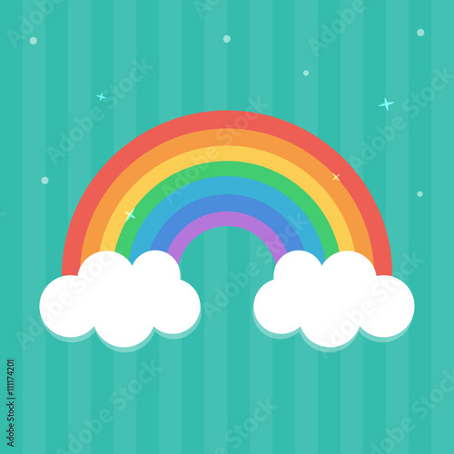 Flat design, cartoon rainbow with clouds on stripe mint green background.