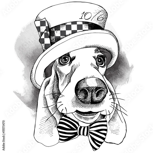 The image with the portrait of a dog in the Hatter hat and with bow. Vector illustration.