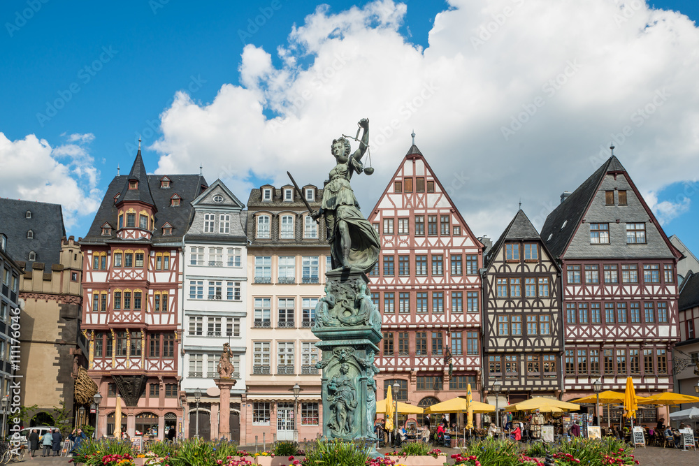 Old town with the Justitia statue in Frankfurt, Germany