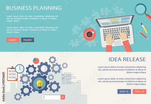 Idea release and business planning flat banners with icons