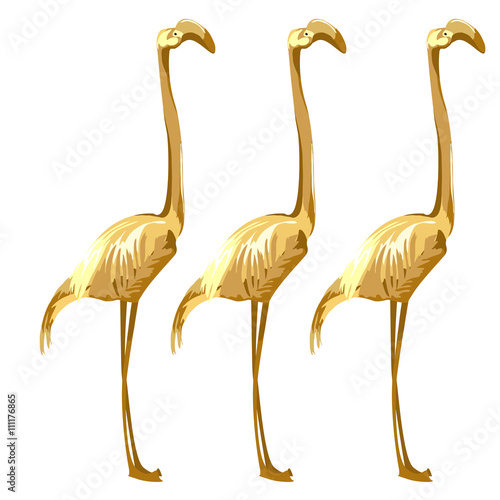 Three Golden birds flamingos on a white background