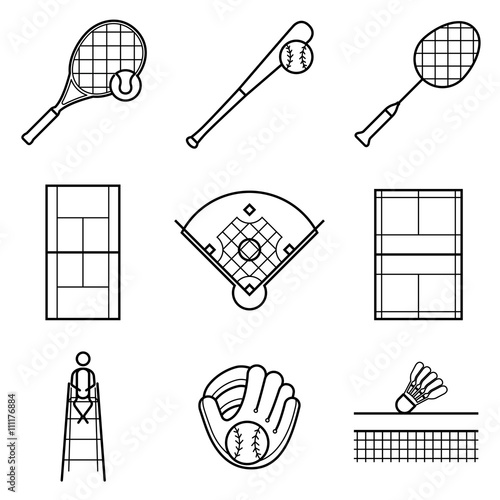 Tennis, Baseball & badminton line Illustration set