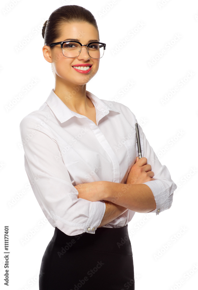 Young businesswoman with glasses and pen Young businesswoman with glasses and pen