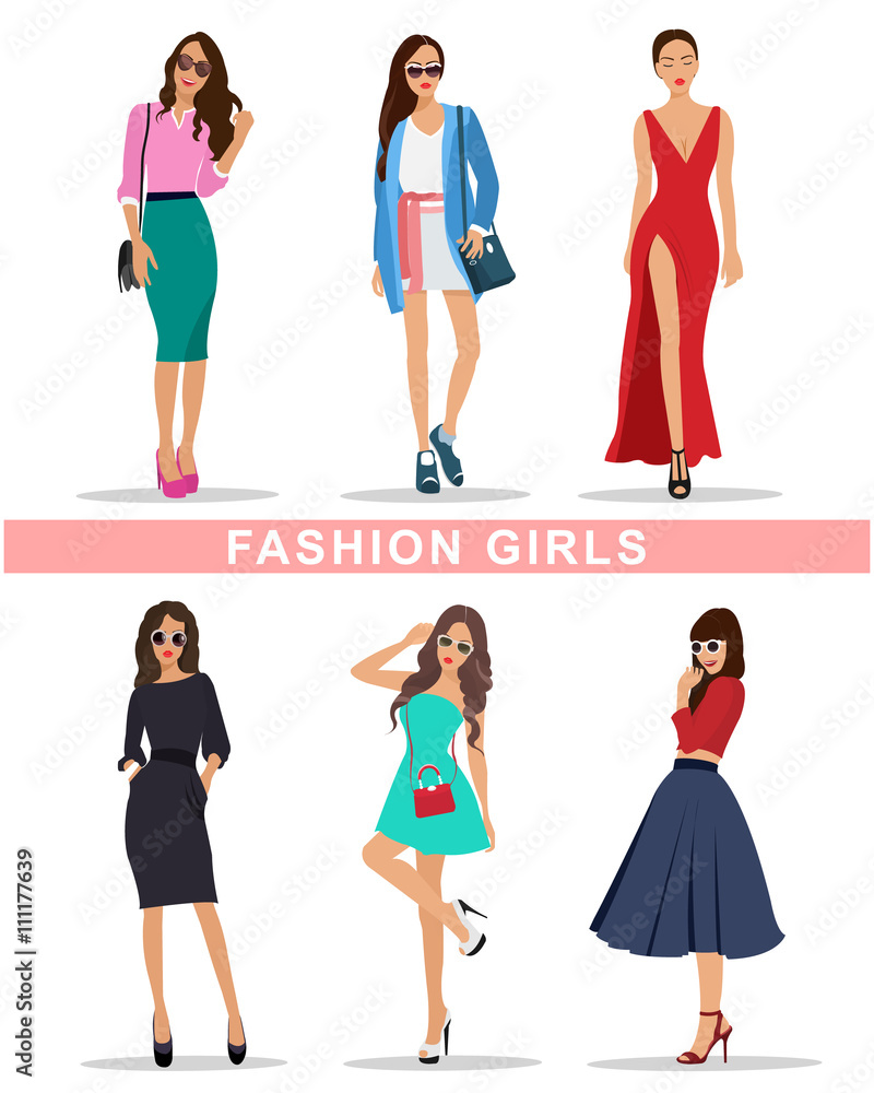 Stylish fashion girls with accessories. Fashion women's clothes. Beautiful girls set. Flat style vector illustration. Stylish fashion girls with accessories. Fashion women's clothes. Beautiful girls set. Flat style vector illustration.
