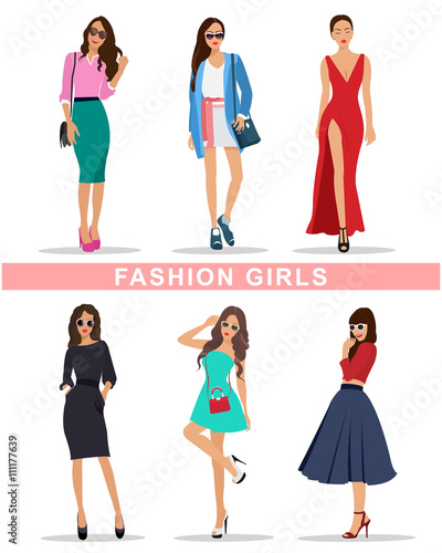 Stylish fashion girls with accessories. Fashion women's clothes. Beautiful girls set. Flat style vector illustration.