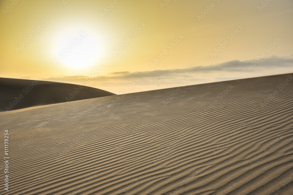 Sunrise in desert with sand dunes in Gran Canaria, Spain