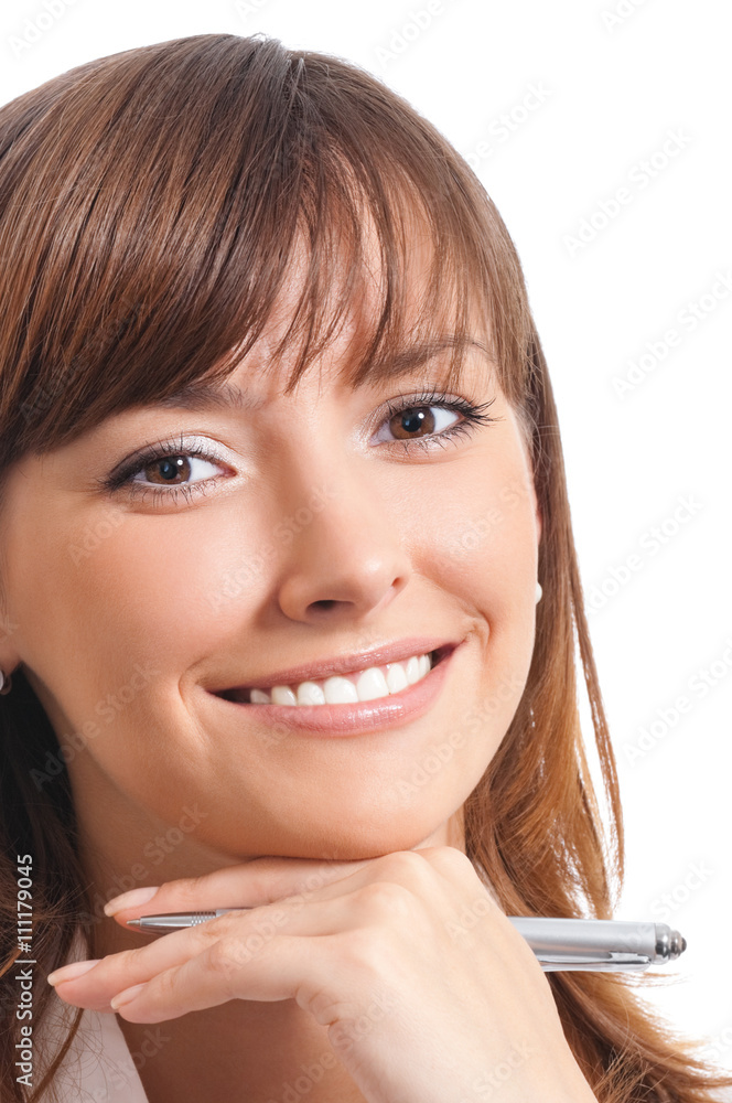 Happy smiling business woman, over white Happy smiling business woman, over white