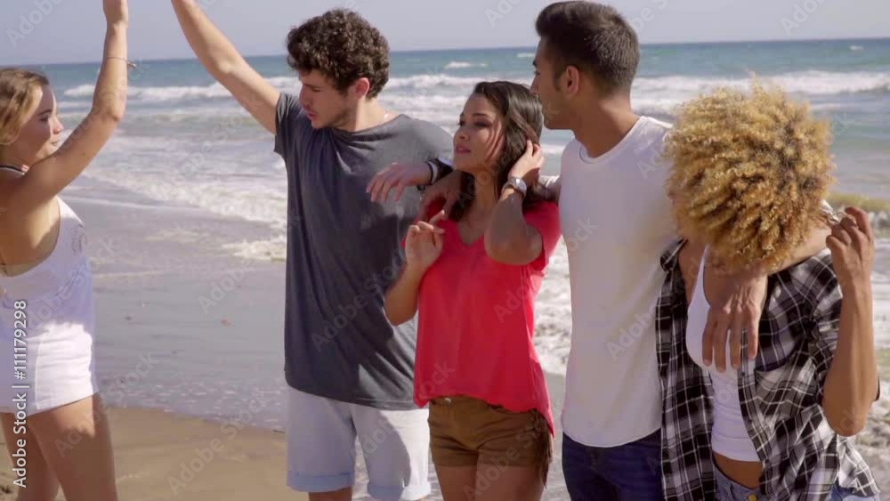 Five young attractive people posing in front of camera on the beach and have lot of fun.