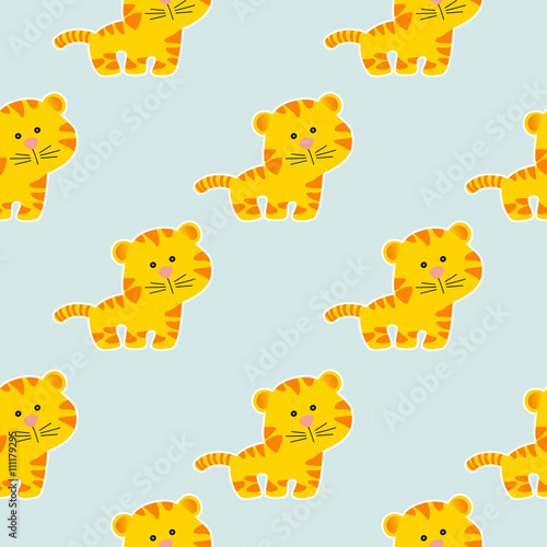 Fototapeta Naklejka Na Ścianę i Meble -  Seamless baby pattern with a cute little tiger on a light blue background