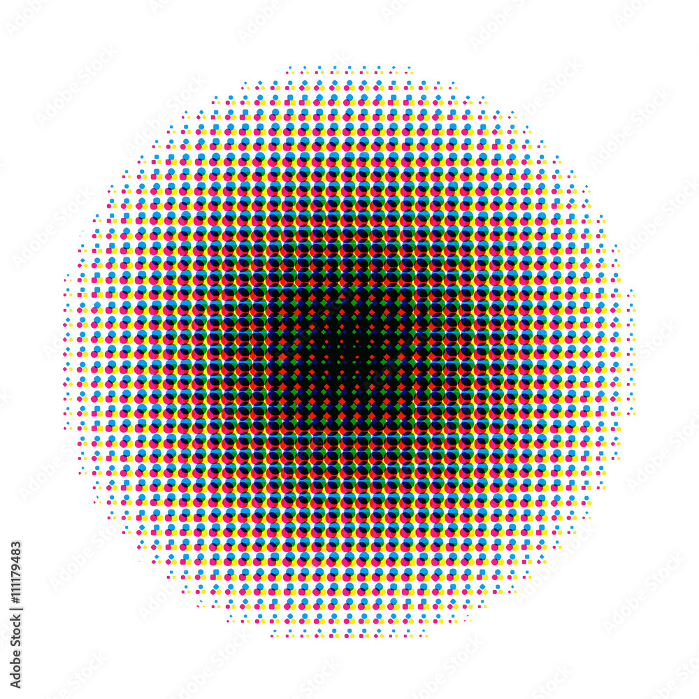 Round halftone screen pattern in CMYK colours on white