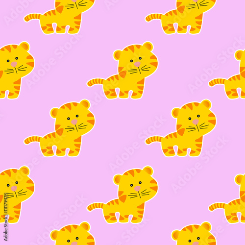 Fototapeta Naklejka Na Ścianę i Meble -  Seamless baby pattern with a cute little tiger on a light pink background