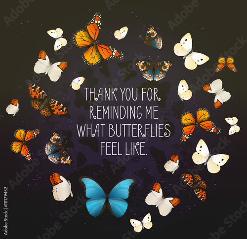 Creative vector inspirational card with flying butterflies in a circle. Romantic evening background.