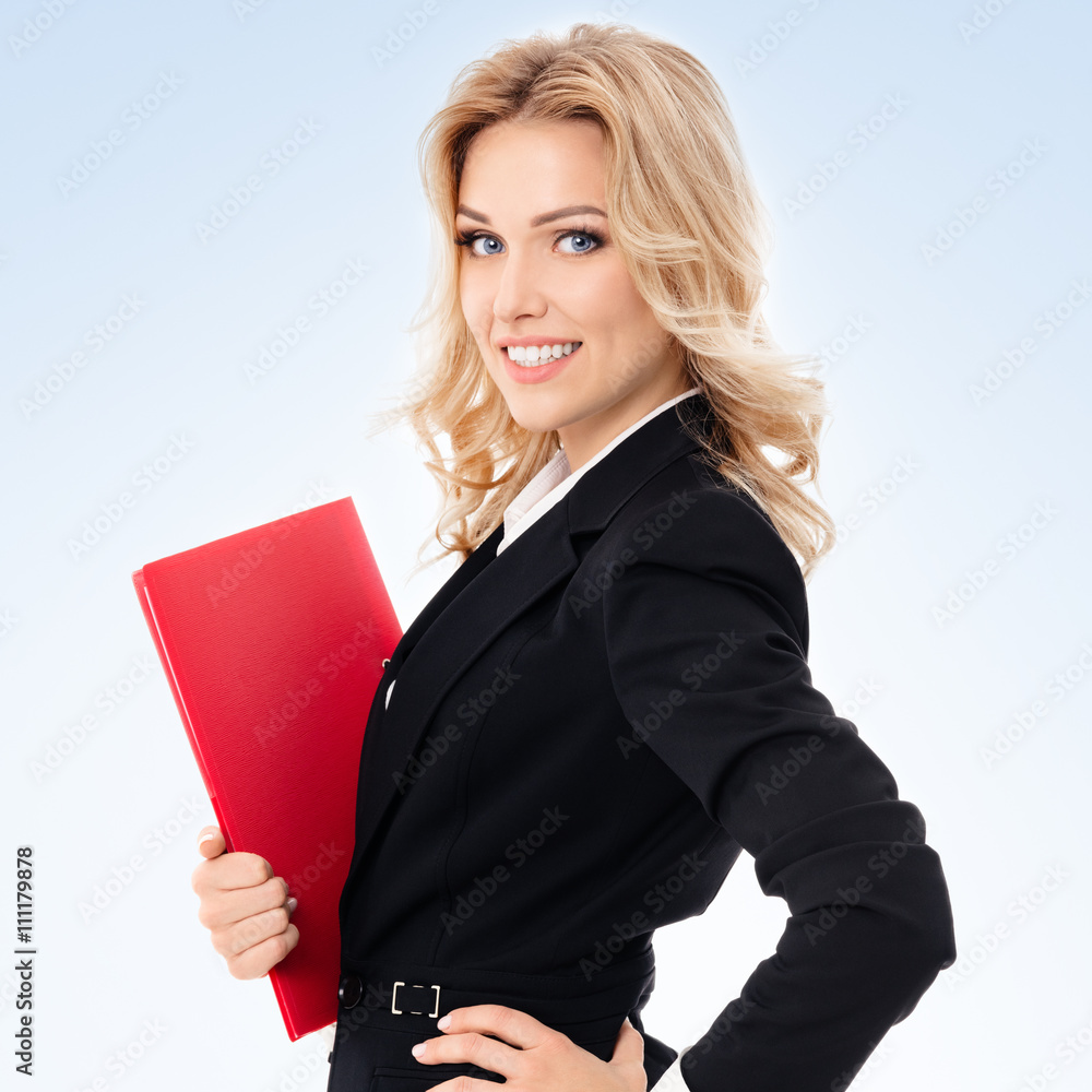 Young smiling businesswoman with red folder Young smiling businesswoman with red folder