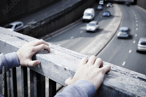 Photography Depressed Young Man Contemplating Suicide On Road Bridge