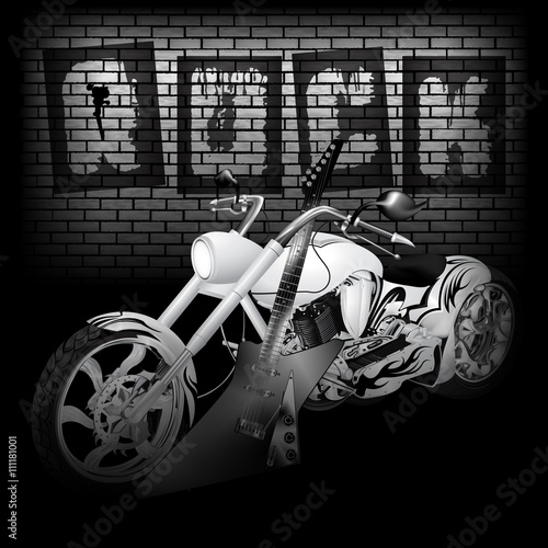 motorbike and guitar on the brick wall