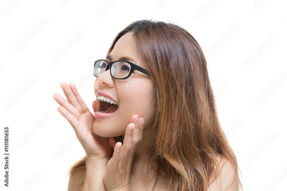 asian woman shouting with smiling face