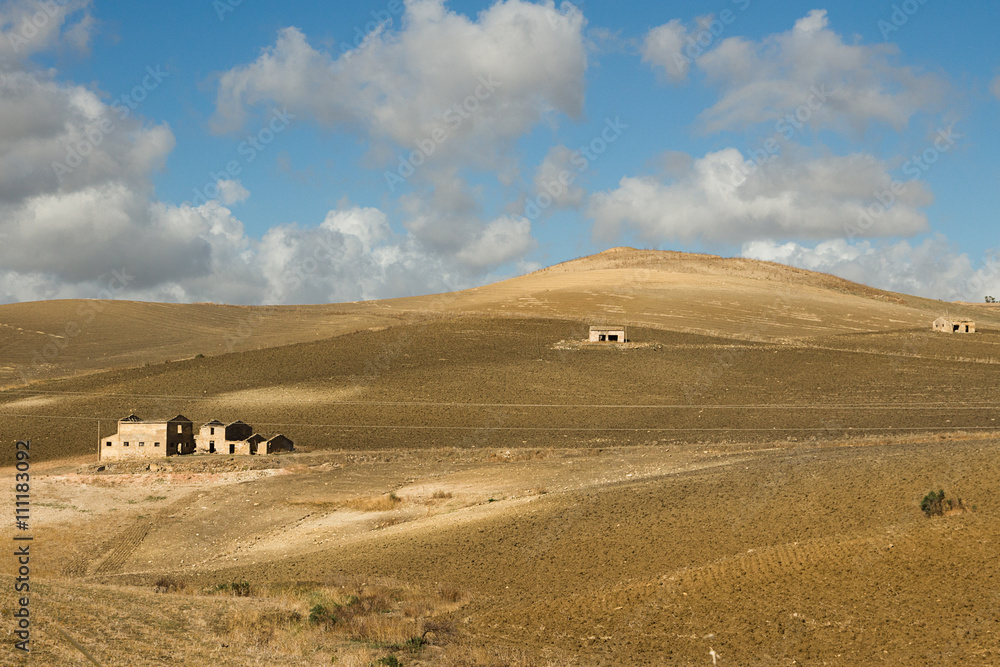 Obraz premium Sicilian countryside, plowed field - Trapani province. Landscape of the region near Segesta, Sicily - southern Italy