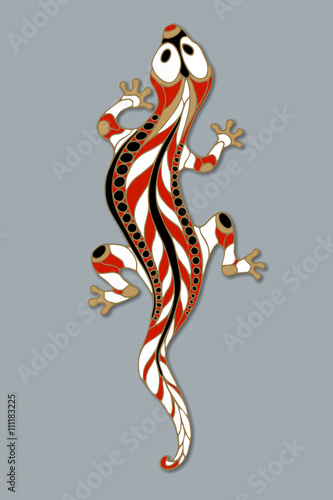 Vector hand drawn colored lizard or salamander with abstract  patterns. Gecko. Beauty reptile decoration with ornament. Design element for avatar, tattoo, prints or t-shirt. Jewellery item, brooch