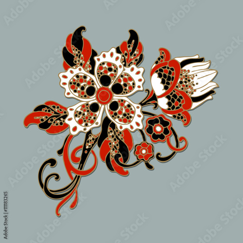 Vector illustration of a beautiful floral bouquet with spring flowers. Beautiful blooming flowers isolated on the grey background. Hand drawing. Jewellery item, brooch. Floral pattern. Design element