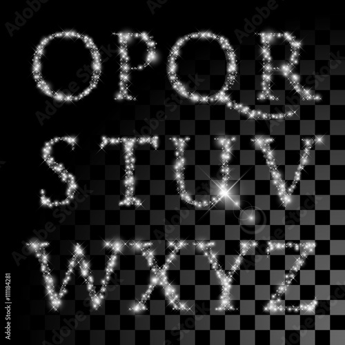 Alphabet set of silver glittering stars.