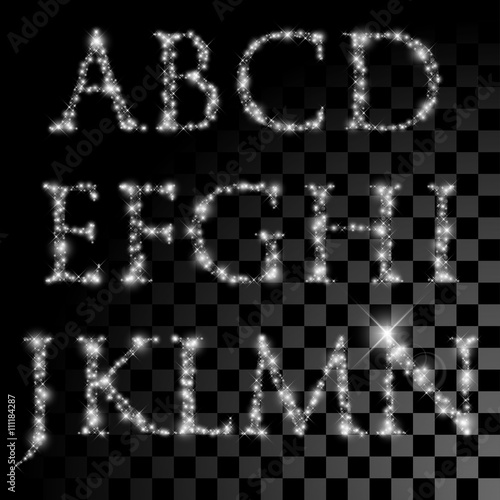 Alphabet set of silver glittering stars.