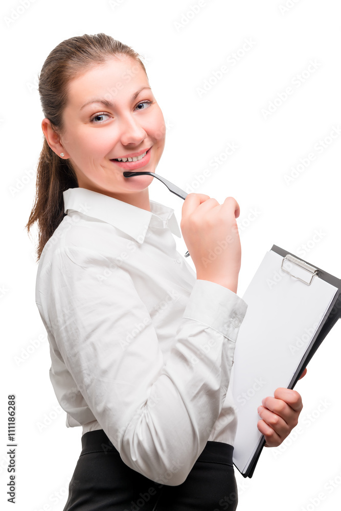 portrait of a beautiful woman in office clothes on a white backg portrait of a beautiful woman in office clothes on a white backg