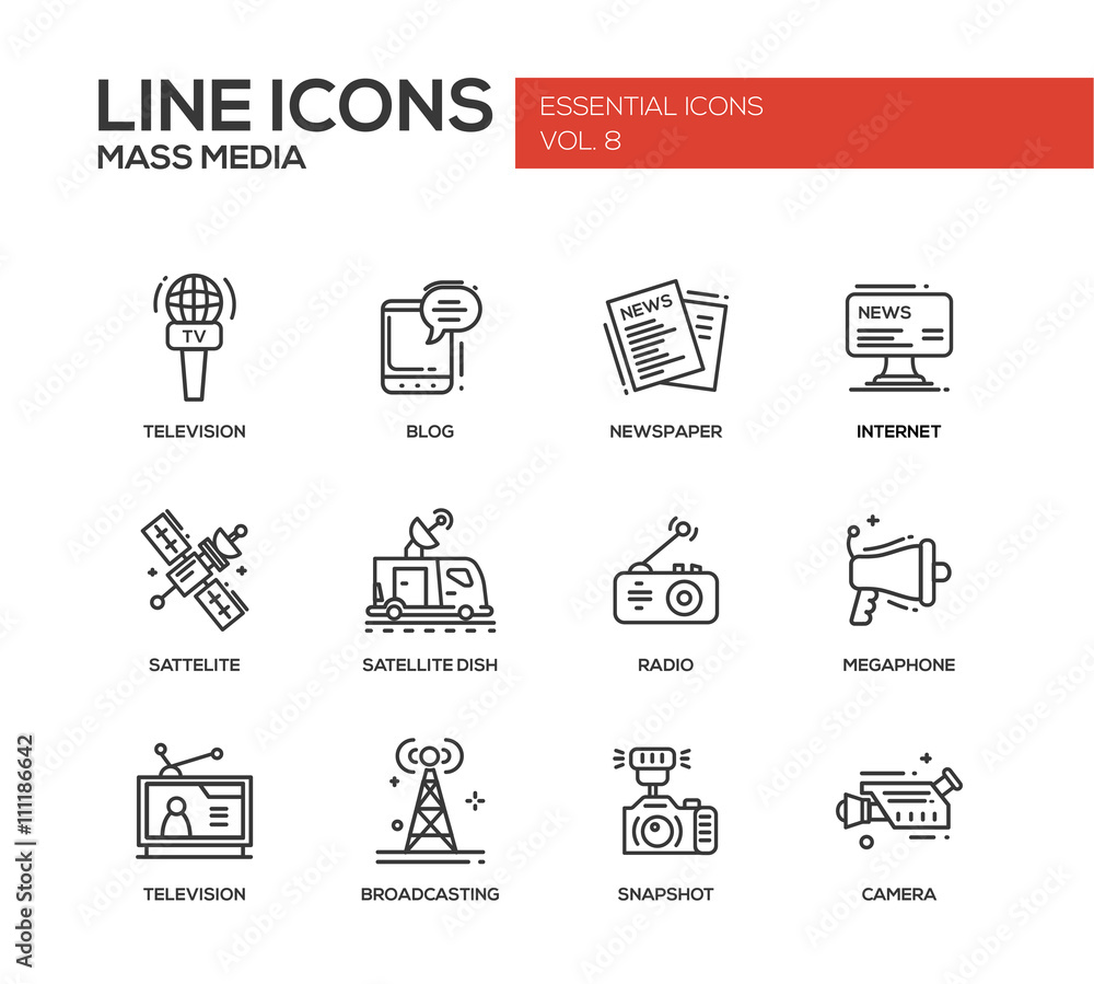Mass Media line design icons set Mass Media line design icons set