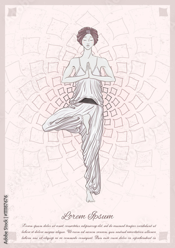Girl stay at tree pose with mandala background