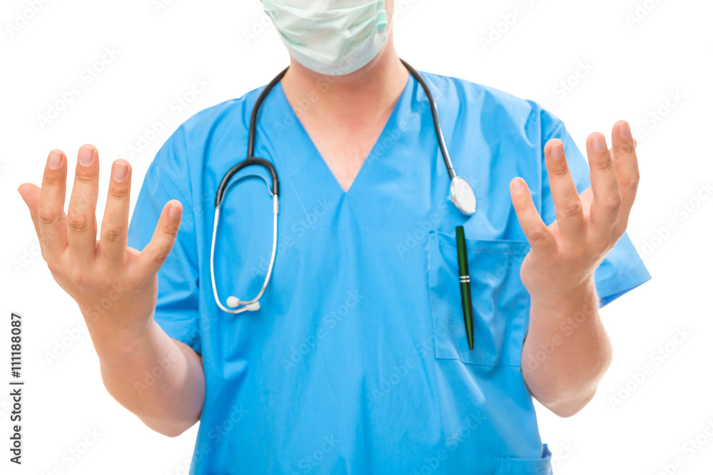 surgeon shows his sterile hands on a white background surgeon shows his sterile hands on a white background