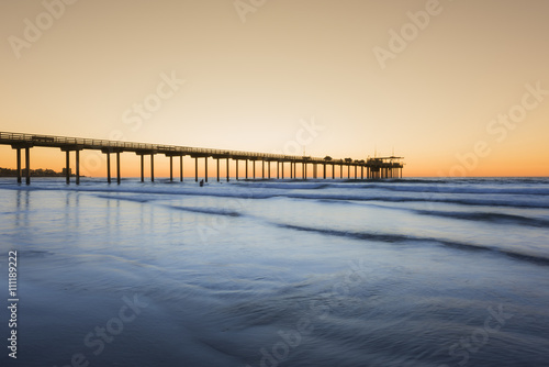 Wide angle shot of Scripps Pier with reflection during sunset in La Jolla  San Diego  California