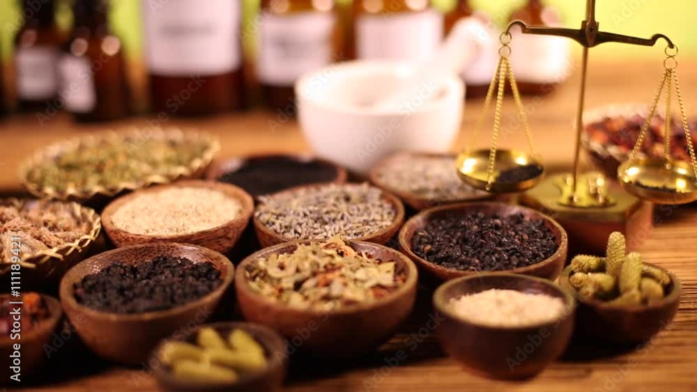 Natural medicine, herbs, mortar Natural medicine, herbs, mortar
