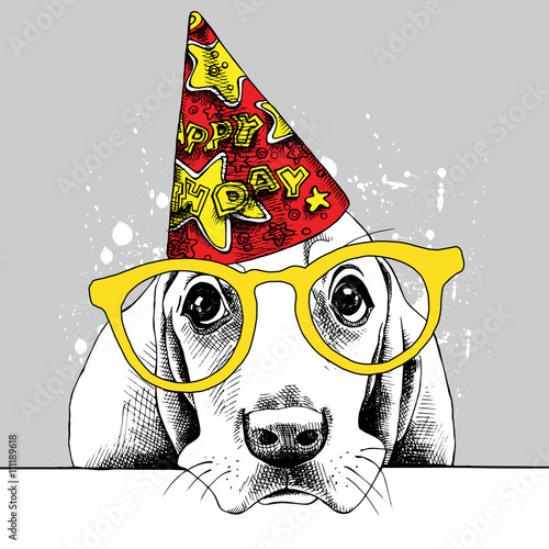The image of the dog in the party hat and with glasses. Vector illustration.
