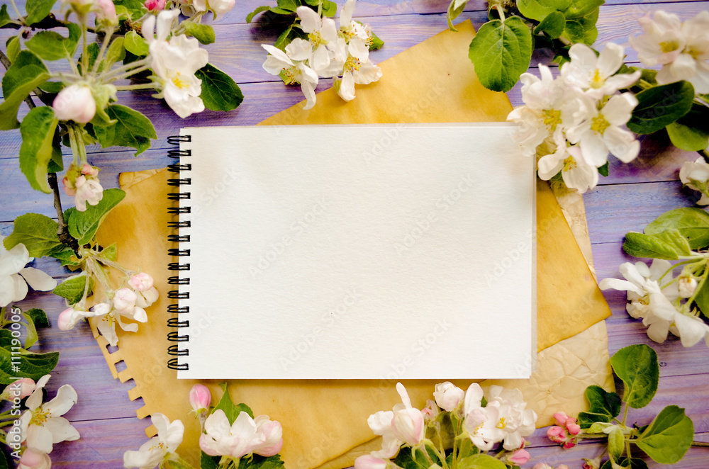 Blossoming apple tree on a wooden background, Blank template Blossoming apple tree on a wooden background, Blank template