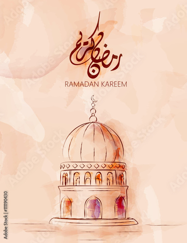 Illustration of Ramadan kareem and Ramadane mubarak. beautiful watercolor of Mosque  and arabic islamic calligraphy.traditional greeting card wishes holy month moubarak and karim for muslim and arabic